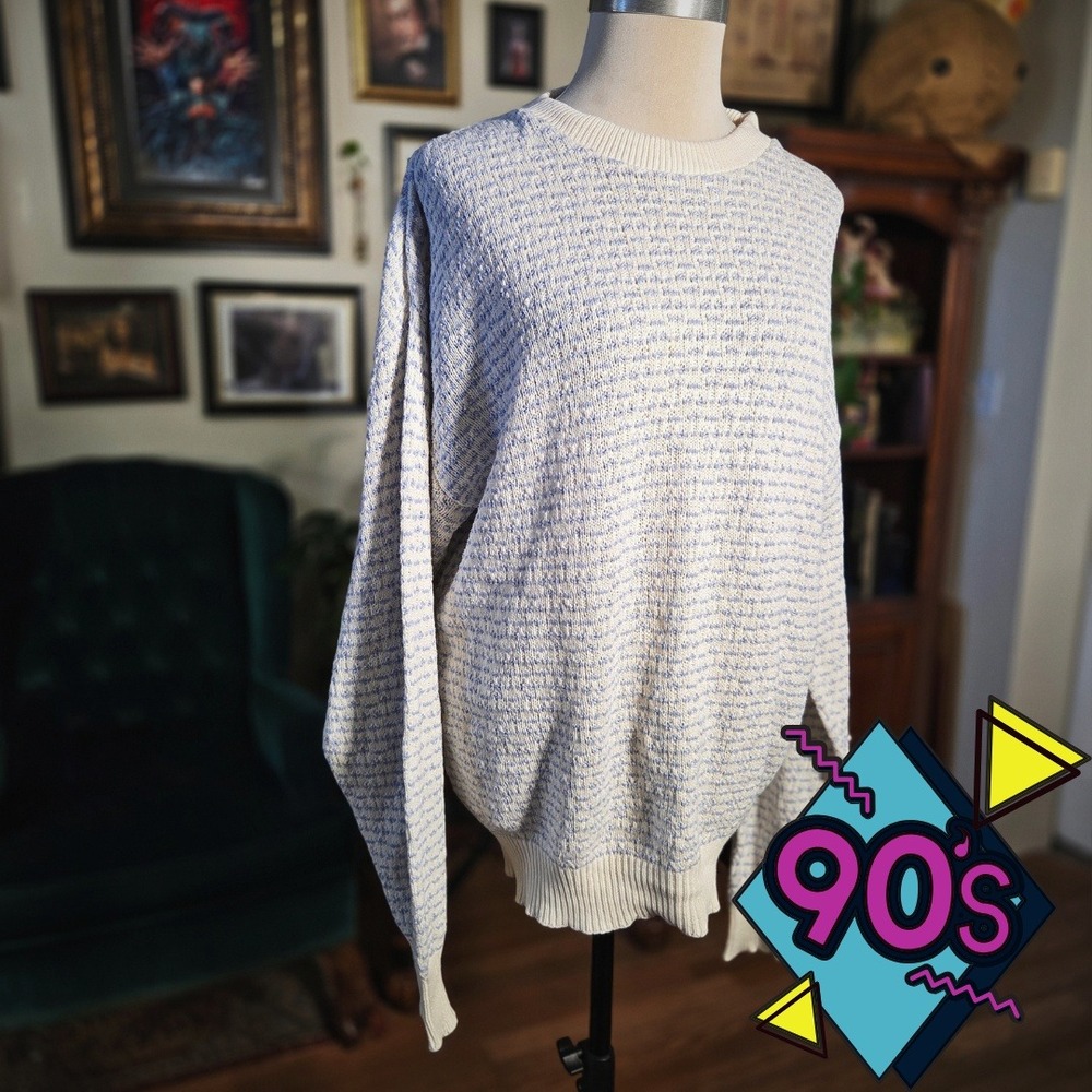 Vintage 90s Northern Isles Mens Crewneck Sweater‎ Blue Cream Striped Knit